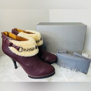 Alexander McQueen Burgundy Leather Shearling Trim Ankle Boots. Authentic